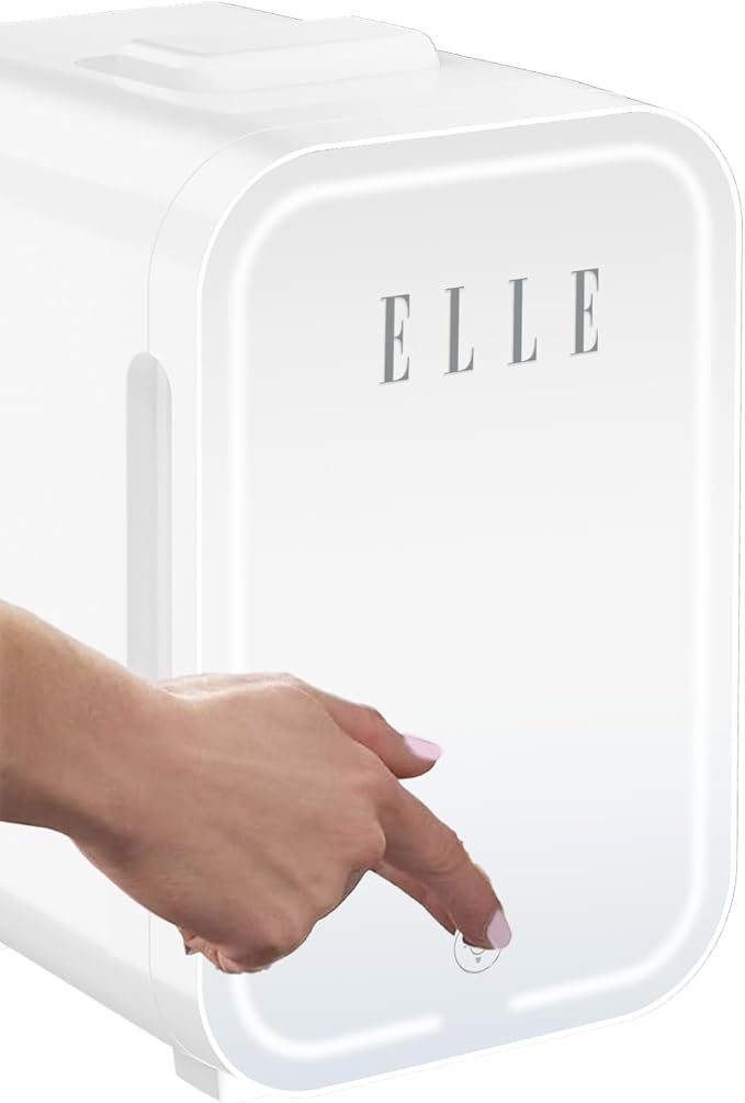 ELLE 8L Mini Cooler Fridge with LED Makeup Mirror for Skincare & Cosmetic Storage Cooler & Warmer Removable Shelf Carrying Handle AC DC Power Options Small Refrigerator for Bedroom Car Office White