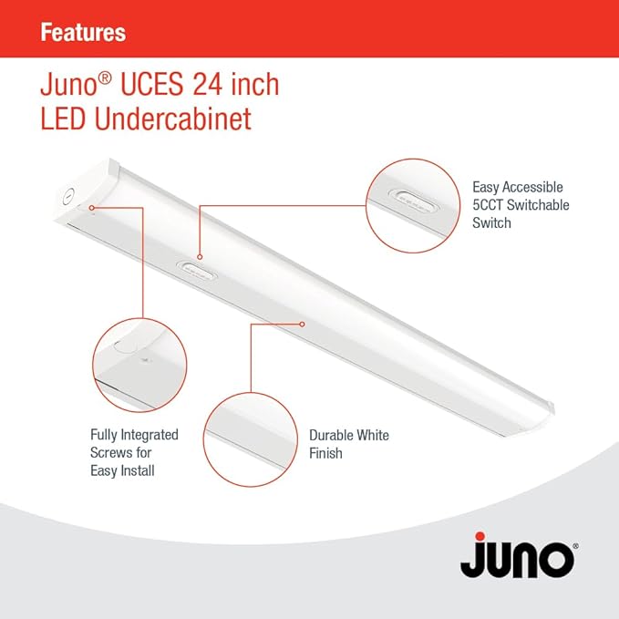 Juno UCES 24 Inch LED Under Cabinet Lighting, LED Kitchen Cabinet Light Fixture Hardwired, Dimmable, Damp Rated, Selectable Soft, Warm, Neutral, Cool, Daylight White Light (UCES 24IN SWW5 90CRI WH M6)
