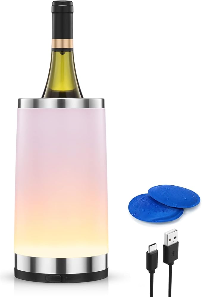 Wine Chiller with Rechargeable RGB Touch Lamp| Wine Bottle Cooler Bucket| Double Walled Insulator with 2 Ice Pack for 750ml Champagne| Perfect Wine Gifts| Wine Accessories for Party/Dinner