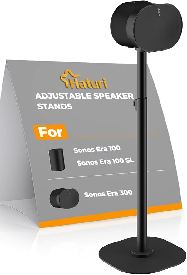 Haturi Single Speaker Stand for Sonos ERA 100 SL, ERA 100 & ERA 300, Adjustable 22”–42” Floor Stand with Cable Management, Heavy Duty Metal Construction, Non-Slip Base for Living Room Office, Black