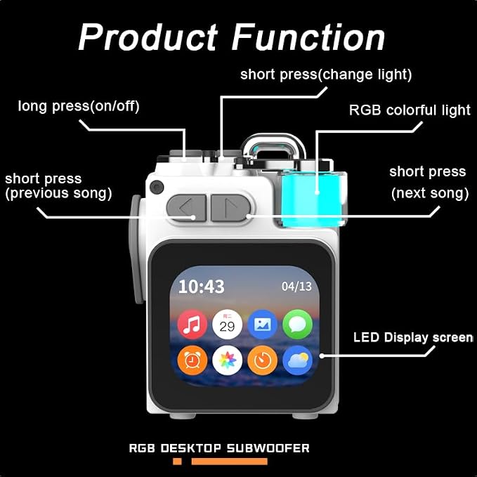 Wireless Bluetooth Speaker Mini, 2-Inch Screen Rgb Subwoofer, Small Speaker Portable with Alarm Clock, Weather, Calendar ,6H Battery, Metal Pendant Waterproof Large Hd Sound Pocket Stereo (White)