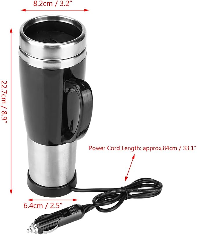 gernie Car Electric Kettle, 12V / 24V 450ml Stainless Steel Heating Cup Portable Car Heated Mug 50W Fast Boiling Electric Coffee Cup with Cigarette Lighter for Winter Travel (Black) (12V)