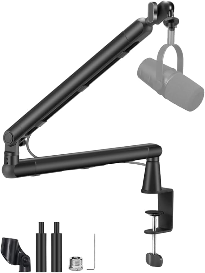 Low Profile Mic Arm Stand,Adjustable Desk Clamp Mic Boom Arm with 360°Swivel and Detachable Rise Column，Built-In Cable Management,with Mic Clip 3/8" to 5/8",For Podcasting and Streaming