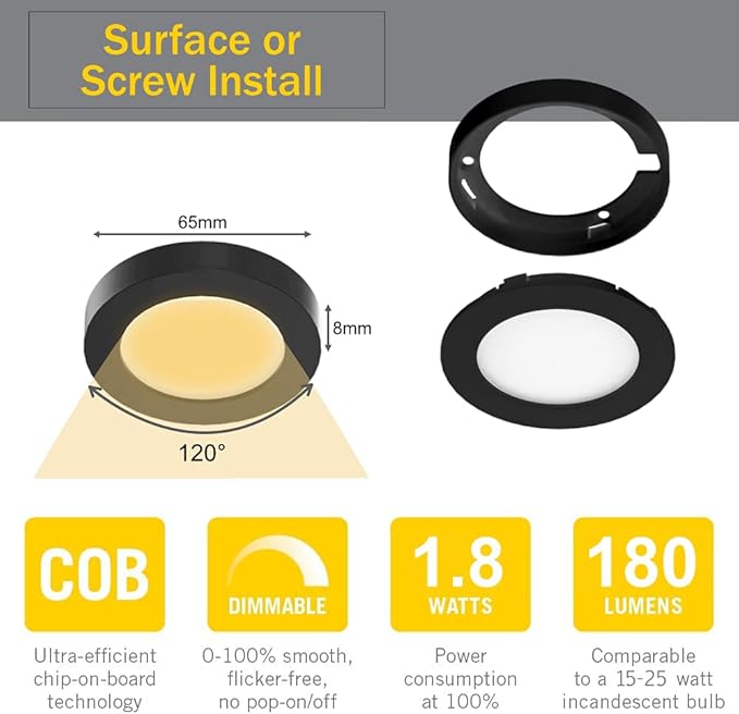 VST Under Cabinet Lighting 12V 2W (12W Total, 60W Equivalent), Wireless Dimmer Switch, Recessed or Surface Mount Wiring Puck Light for Kitchen, Wardrobe (3 Pack Black 4000K)