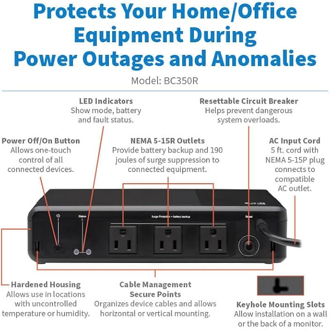 Tripp Lite 350VA UPS Desktop Battery Backup and Surge Protector, 210W, 3 Outlets, Home & Office UPS, Small Form Factor, Wall Mounting Option, 5ft Cord, 3-Year Warranty (BC350R)