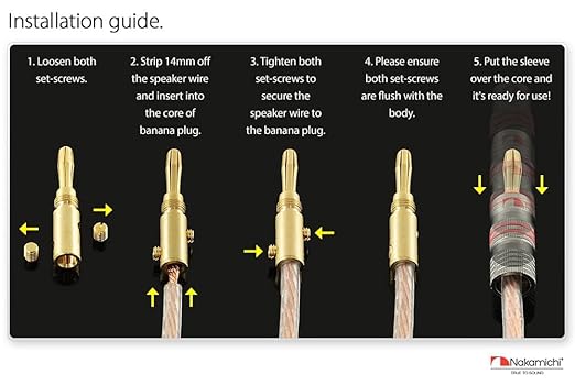 Nakamichi Ultimate Series 24K Gold Plated Beryllium Red Copper Banana Plug 12-18 AWG Gauge Size 4mm Connector for Speakers Wire Amplifiers Hi-Fi Sound Systems (36 Pcs (18-Pairs), Banana Plugs)