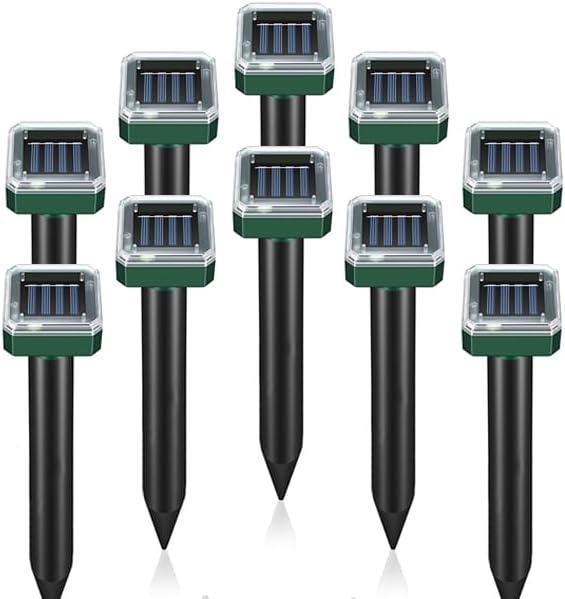 Mole Repellent Solar Powered 10 Pack,Ultrasonic Gopher & Snake Deterrent Spikes, IP44 Waterproof Vole Groundhog Chipmunk Repeller, Outdoor Sonic Stakes for Lawn Garden Yard & Farm Protection