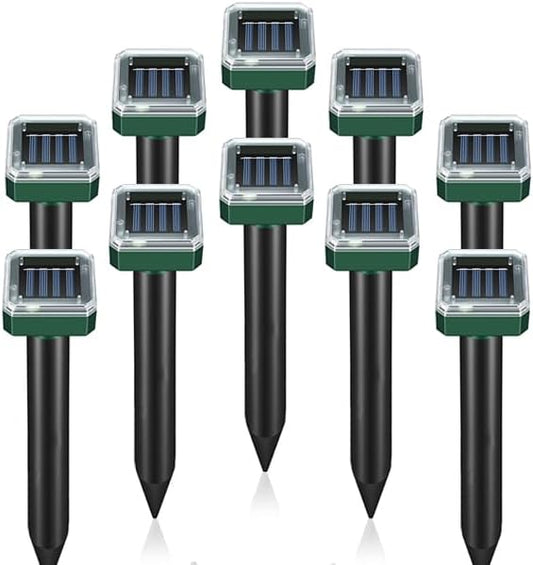 Mole Repellent Solar Powered 10 Pack,Ultrasonic Gopher & Snake Deterrent Spikes, IP44 Waterproof Vole Groundhog Chipmunk Repeller, Outdoor Sonic Stakes for Lawn Garden Yard & Farm Protection