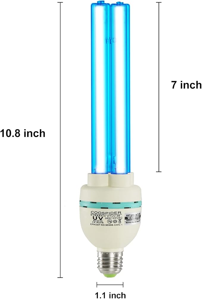 36 Watts UVC Light Bulb, UV Lamp for Basement/Storehouse/Car, E26 110V CTUV-36 (Ozone Free)