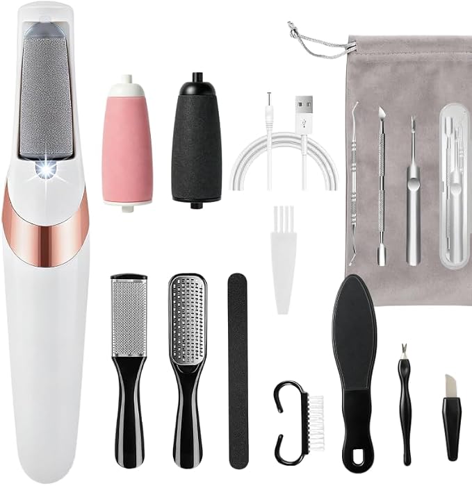 Electric Foot File and Callus Remover,12 in 1 Pedicure Kit Dual Roller Heads 2 SpeedsProfessional Pedicure Tools for Dry, Calluses, Dead, Cracked, Hard Skin, Home Spa Care(White)