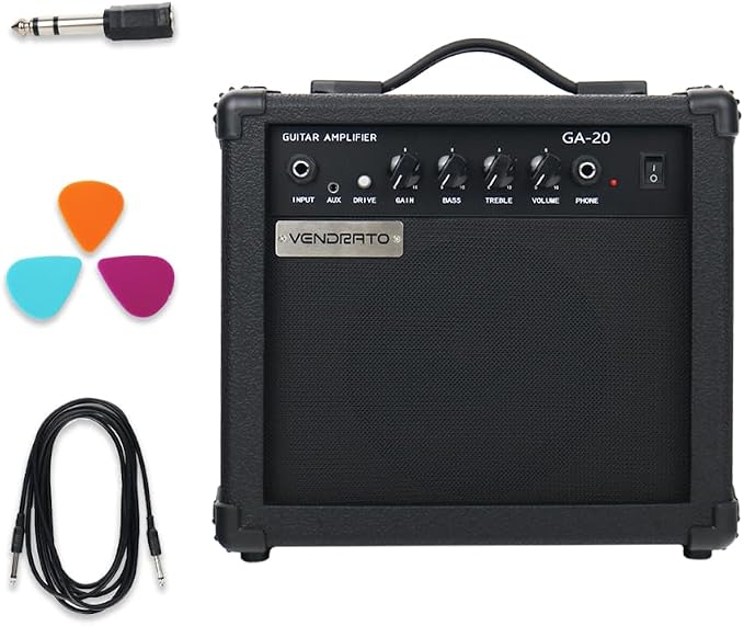 Electric Guitar Amplifier 20w amp Black Color gain bass Treble 3.5mm aux in Drive 6.5mm Guitar Input Headphone Portable for Beginner Starter Practice Travel amp noiseless Cable Pick and Adapter in