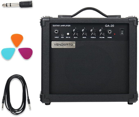 Electric Guitar Amplifier 20w amp Black Color gain bass Treble 3.5mm aux in Drive 6.5mm Guitar Input Headphone Portable for Beginner Starter Practice Travel amp noiseless Cable Pick and Adapter in
