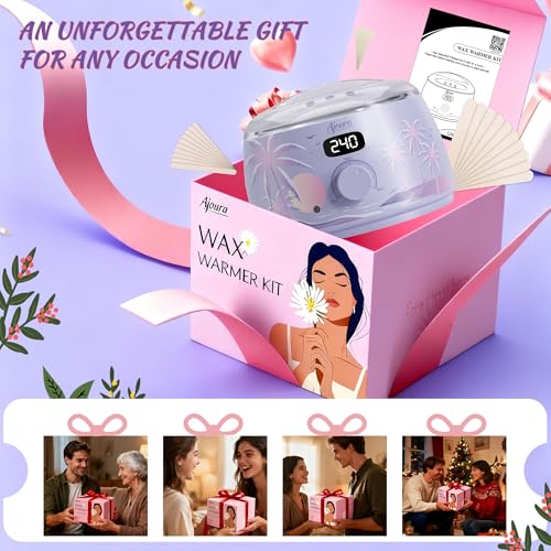 Ajoura 1lb Refill Wax Beans + Hard Wax Warmer for Brazilian & Bikini, Digital Hair Removal Kit with See-Through Lid