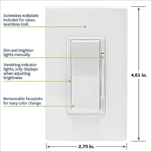 Leviton Decora Smart Dimmer Switch, Wi-Fi 2nd Gen, Neutral Wire Required, Works with Matter, Alexa, Google Assistant, Apple Home/Siri, Wired or Wireless 3-Way, D26HD-1RW, White (Pack of 2)