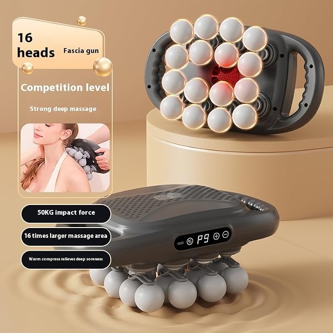 Handheld 16 Head Deep Tissue Percussion Massager with 9 Modes, 9 Intensities for Back, Legs, Neck, Waist, Buttocks Muscle Pain Relief, Quiet Portable Design (M100-16head)