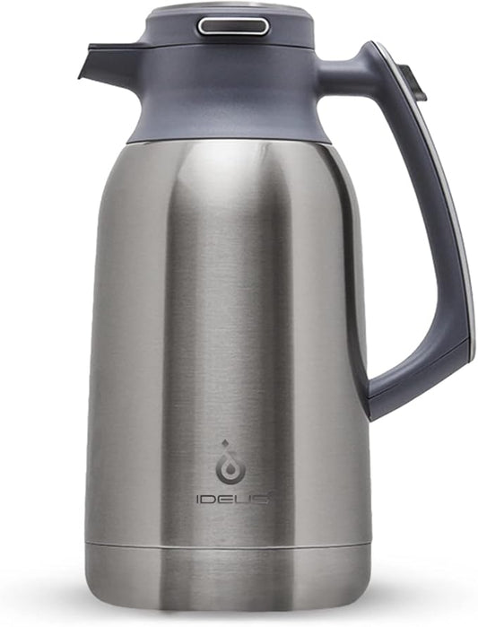 IDEUS Thermal Coffee Carafe, Stainless Steel Double Wall Insulated Vacuum Flask, Water Jug Coffee Server and Beverage Dispenser, Heat and Cold Retention (Metallic, 68, Fluid Ounces)