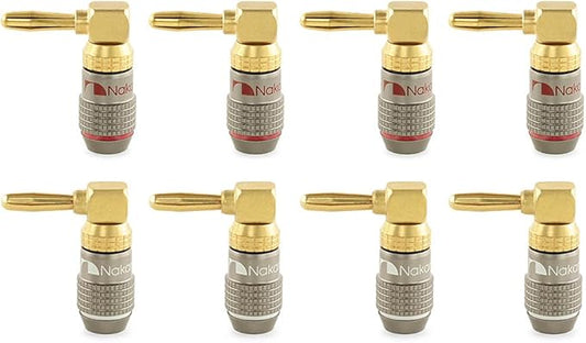 Nakamichi FanLock Excel Series 24k Gold Plated Right-Angle 90 Degree Banana Plug 10 AWG - 18 AWG Gauge Size 4mm for Speakers Amplifier Hi-Fi Home Theatre Wire Cable Quick Connector, 8 Pcs (4-Pairs)