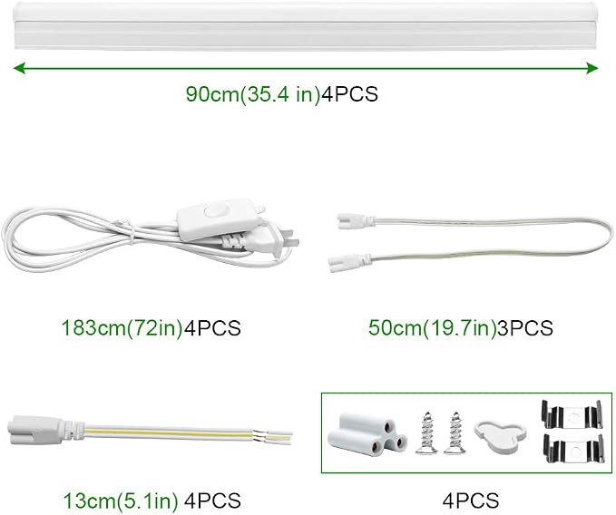 LightingWill LED T5 Integrated Fixture 3FT, Daylight White 6000-6500K, 14W, Linkable Shop Light and Under Cabinet Light, Corded Electric with Built-in ON/Off Switch, 4 Pack