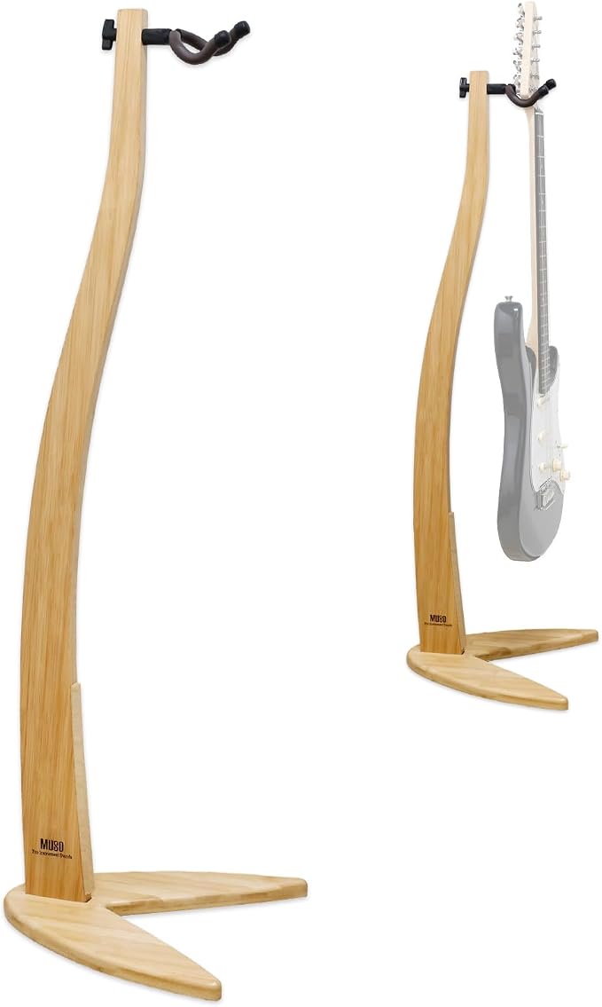 MUSO Guitar Bass Hanger Stand, Solid Wood Bow Holder Mermaid Shaped for Display and Storage, 42 inches Height Anti-scratched and Anti-bump, Decorate Studios, Living room and Stage (Bamboo, 1)