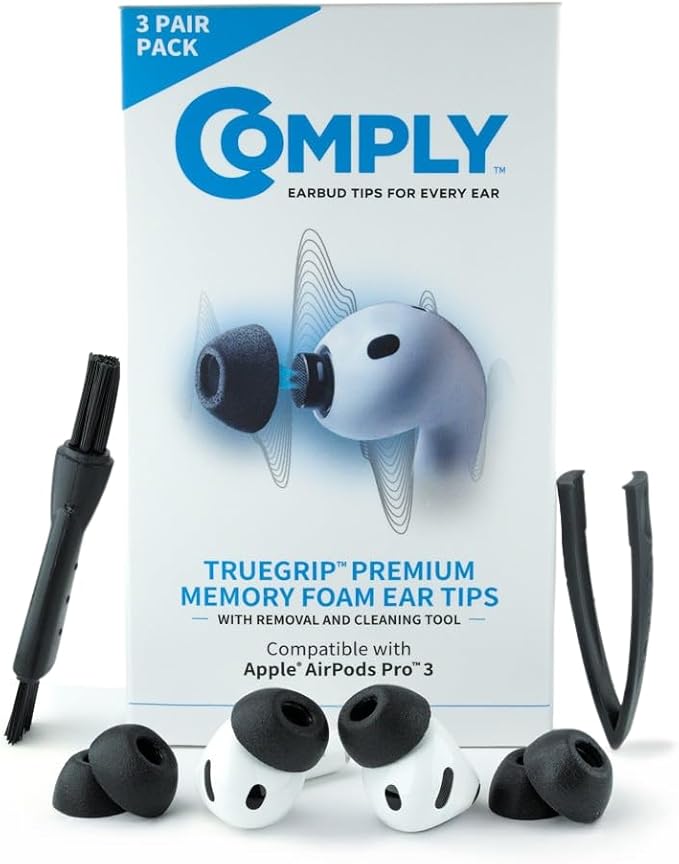 Comply TrueGrip | Premium Memory Foam Replacement Earbud Tips for Apple AirPods Pro Gen 3 | Long Lasting Comfort, Secure Fit, Superior Noise Isolation| Black (S/M/L) (3 Pairs)