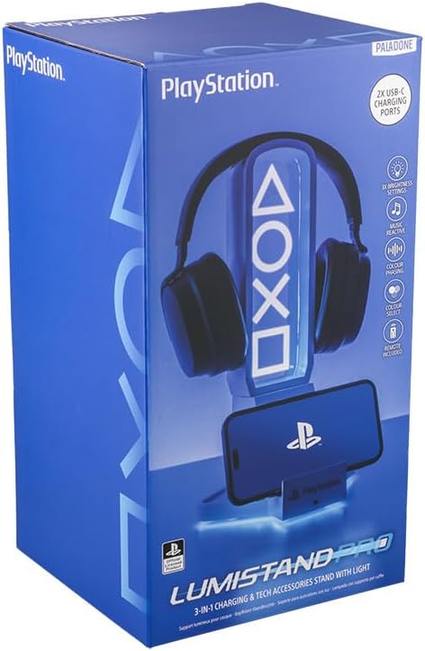 Paladone PlayStation 3-in-1 Headphone Stand and Tech Charging Station with Console Controller Cradle and 2 USB-C Ports, RGB Colour Changing Light Panel, Officially Licensed Gift for Gamers