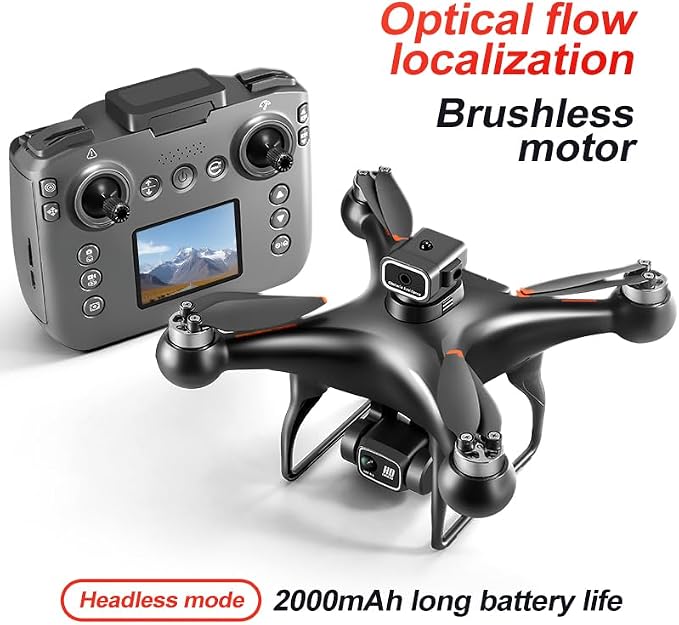 Hobby RC Drone with Screen-equipped Remote Controller, Dual Cameras & Optical Flow Positioning. Built with 6-Channel Gyro and Brushless Motor. Features Headless Mode, Hovering, One-Key Takeoff and Altitude Hold. Comes with 2 Batteries. Easy-to-operate ...