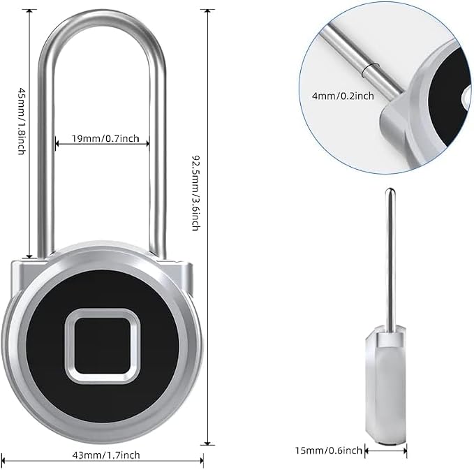 Fingerprint Padlock eLinkSmart Long Padlock with 45MM Shackle Phone App SmartWatch Weatherproof Combination Locker Lock for Gym Locker Locker Backpack Suitcase Luggage Silver