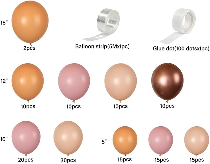 Restaurantware-Balloonify Balloon Garland Set, 1 Party Decoration Kit - 137 Balloons, With Chain, Nude, Pink, & Rose Gold Latex Balloon Arch Kit, Includes Glue Dots- Restaurantware