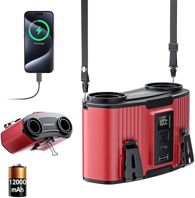 Doublepow 12000mAh Portable Waist Fan, Personal Waist Fan, Dual Air Ducts Motors, USB Rechargeable Clip On Belt for Working, 10 Speeds & 23H Wearable Neck Cooling, for Outdoor, Work, Travel (Red)