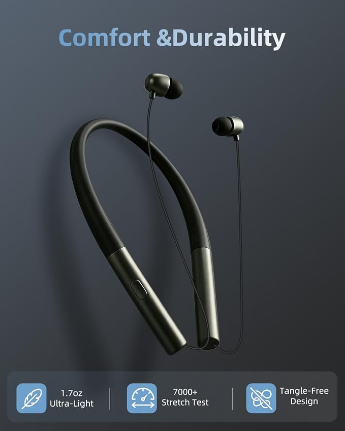 Bluetooth 5.3 Neckband Bluetooth Headphones, Retractable Headphones with IPX5 Sweatproof & Vibration Alert, Stereo Noise Cancelling for Music, Calls, Conference, Videos