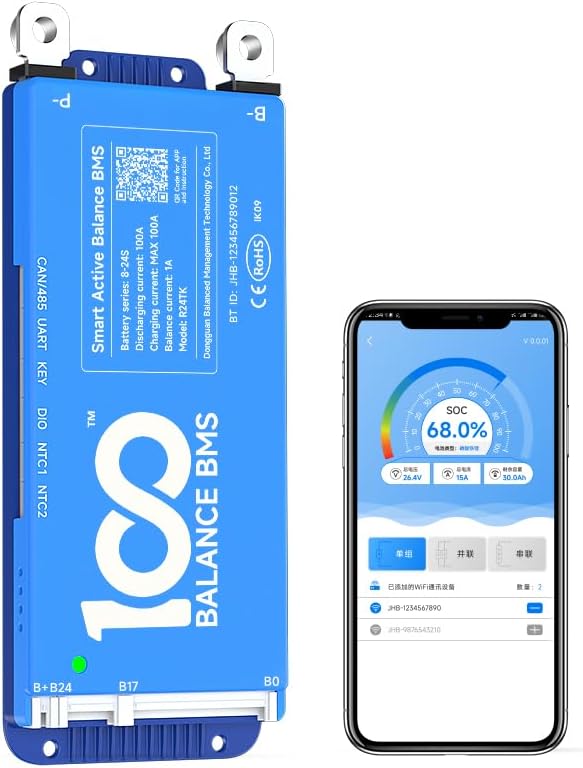 DALY BMS 100A 8S - 17S Built in Bluetooth 1A Active Cell Balancing RS485 CAN for 24V - 60V LiFePO4/Li - ion/LTO Battery Packs Perfect for Golf Cart, Home Energy System, E - Bike