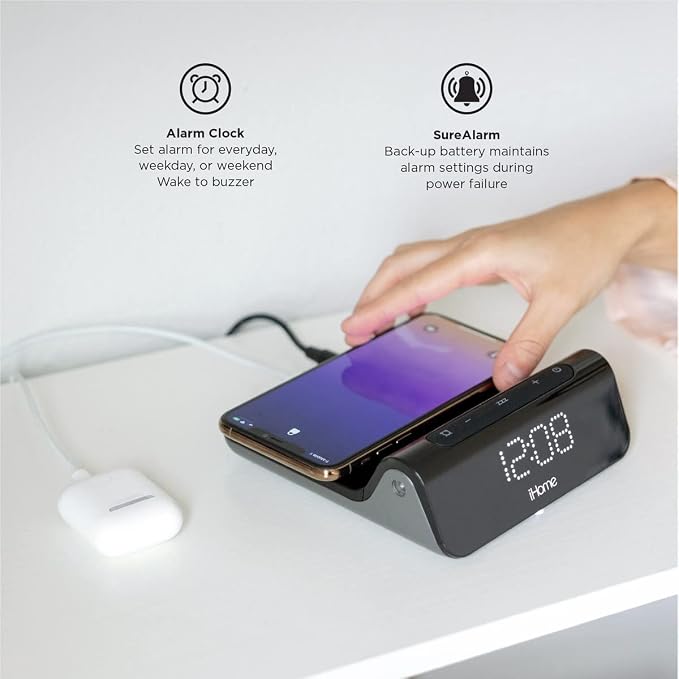 iHome 3-in-1 Magnetic Fast Wireless Charging Clock for Magsafe Enabled Devices, USB-C and USB-A Charging, 25W Total Power Output (iW23)