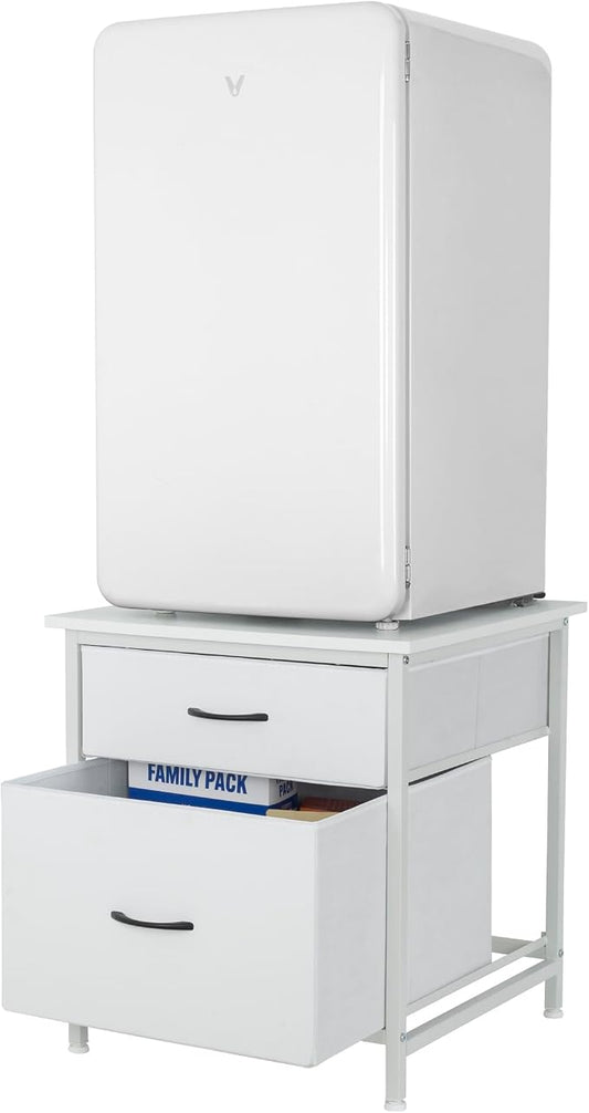 Mini Fridge Stand with 2 Drawer, Mini Fridge Organizer Stand Refrigerator Stand with Metal Frame for Dorm, Home, Kitchen, White