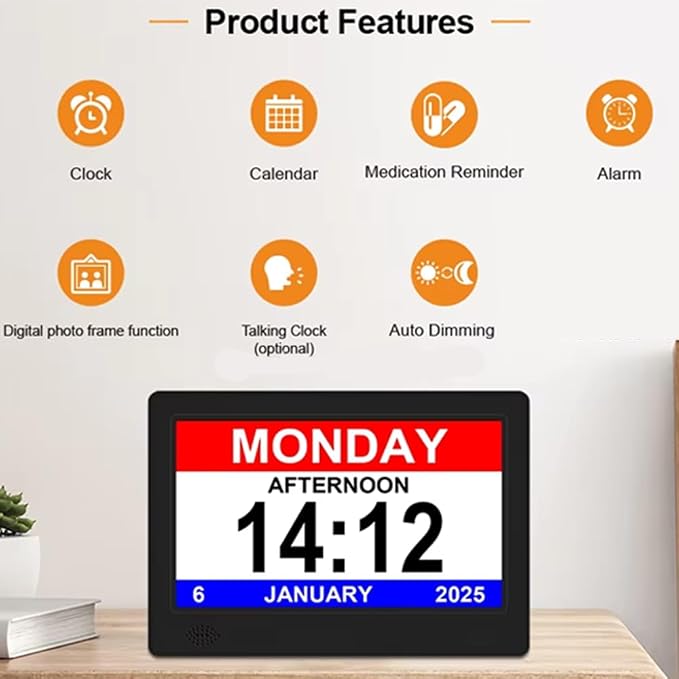 Large Display Digital Day Clock for Elderly - Alzheimer's & Dementia Clock, Multiple Alarms- Medication, Doctor, Easy Read, Auto Dimming, Memory Loss Aid, Multi-Language New 2025 (Black)