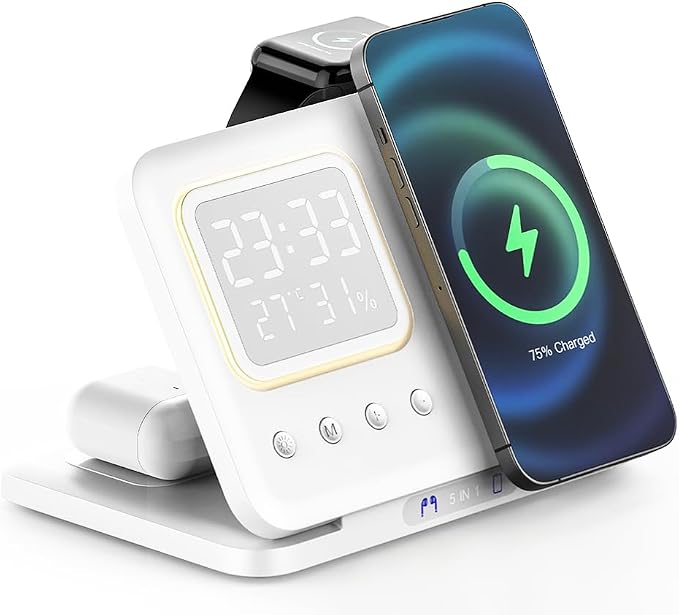 IHAO 5in1 Multi Functional Wireless Charger with Digital Clock 15W Fast Charge Night Light Temperature Display MagSafe Compliant for iPhone iWatch and Qi Headphone-DH13 White
