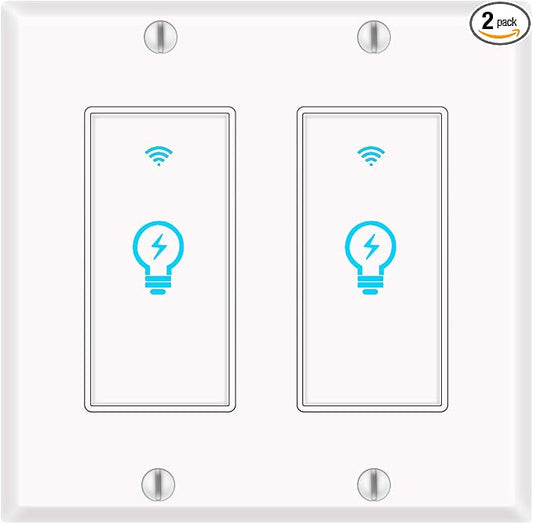 Smart Light Switch, Compatible with Alexa, Google Home IFTTT, App and Voice Control, Timing Function, No Hub Required, Suitable for 2/3/4 Box, Neutral Wire Needs MICMI, 2 Gang