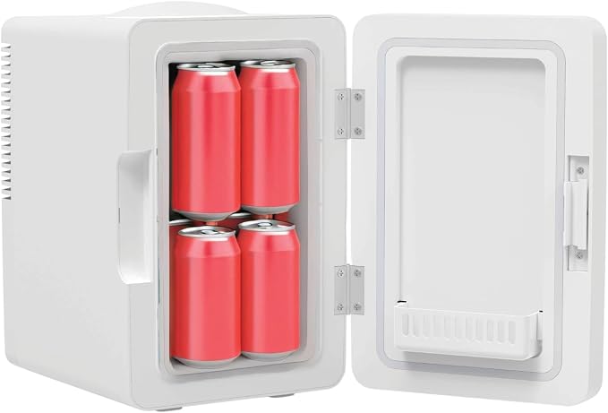 ELLE 6L Mini Cooler Fridge with LED Makeup Mirror for Skincare & Cosmetic Storage Cooler & Warmer Removable Shelf Carrying Handle AC DC Power Options Small Refrigerator for Bedroom Car Office White