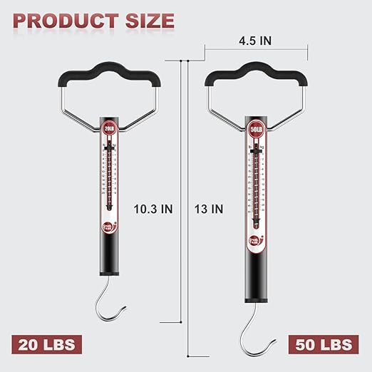 SNAIL TRAIL 20 LB / 50 LB Aluminum Tube Spring Fish Scale with Peak Weight Marker & Zero Reset, Mechanical Fishing Weighing Gauge with Hook, Non-Digital Hand Held Pull Weigher, Hanging Drag Scale
