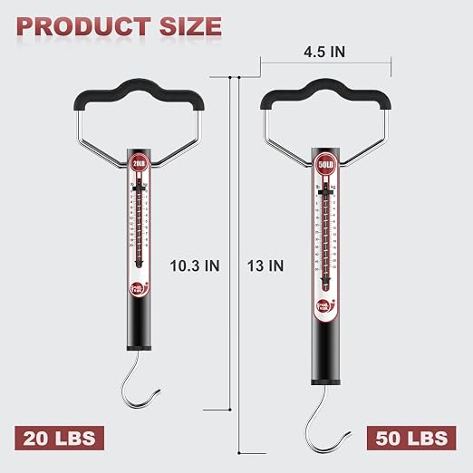 SNAIL TRAIL 20 LB / 50 LB Aluminum Tube Spring Fish Scale with Peak Weight Marker & Zero Reset, Mechanical Fishing Weighing Gauge with Hook, Non-Digital Hand Held Pull Weigher, Hanging Drag Scale