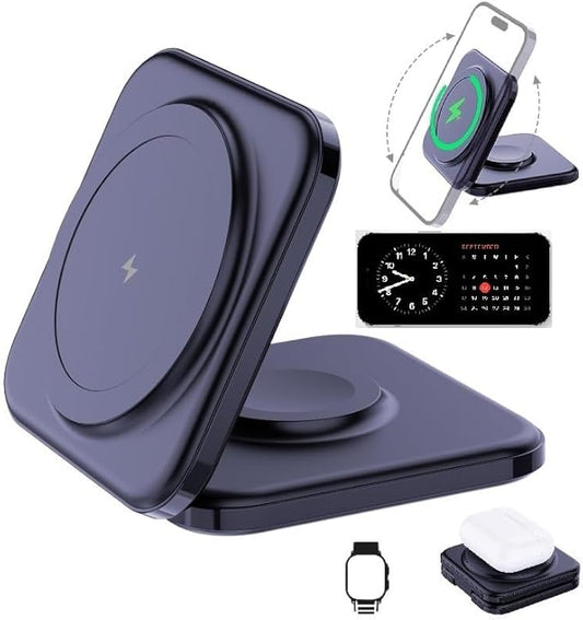 Meenova Foldable 3 in 1 Wireless Charger Compatible with MagSafe, Apple iPhone 15 14 13 12, Watch, AirPods, Lightweight Portable,Strong Magnetic Attraction Suitable for Outdoor Offices, etc. (Black)
