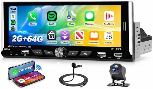 2G+64G Android Single Din Car Radio Stereo, Wireless CarPlay Android Auto, 5G WiFi GPS, 6.9 inch IPS HD Touchscreen Radio, Bluetooth DSP, AHD Backup Camera, FM/RDS SWC, USB Type-C Charging