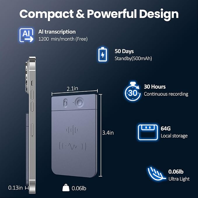 AI Voice Recorder Note Taking Device App Control Transcription Summarization 112 Languages Grabadora de Voz for Lectures Meetings Calls 64GB Memory Magnetic Case (Blue)