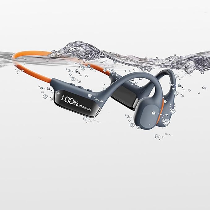 AYI True Bone Conduction Swimming Headphones with Bluetooth 5.4 & MP3 Player Mode 32GB Built-in Memory IPX8 Waterproof Screen Display Pain-Free Open-Ear Earphone for Sport and Work-Light Gray