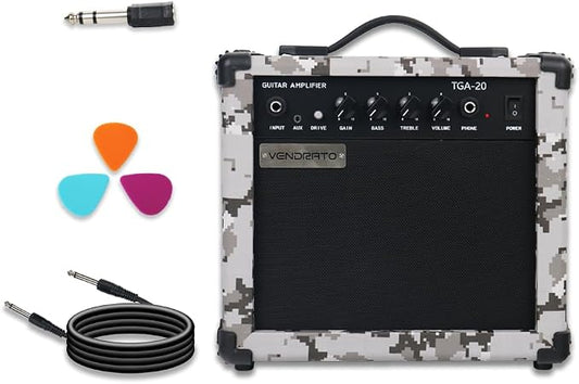 Electric Guitar Amplifier 20 Watt Amp Grey Camo Pixel Speaker Input Jack Aux Drive Gain Bass Treble Volume Headphone Multi Function Suitable for Beginner Starter Practice