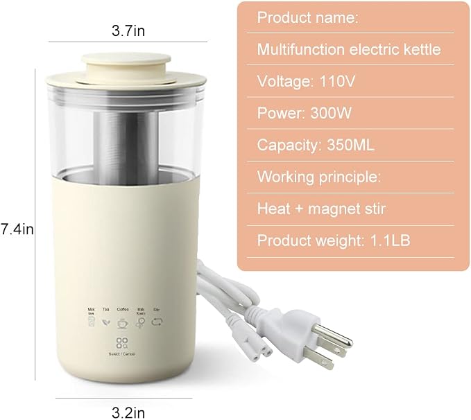 WOOLALA 5-In-1 Portable Electric Kettle DIY Differen Drinks, 110V Milk Tea Machine Coffee Maker Auto Stir Milk Foam Maker 350ML Personal Travel Mug, 7Minutes Fast Boiling