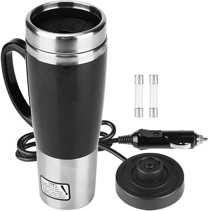 gernie Car Electric Kettle, 12V / 24V 450ml Stainless Steel Heating Cup Portable Car Heated Mug 50W Fast Boiling Electric Coffee Cup with Cigarette Lighter for Winter Travel (Black) (12V)