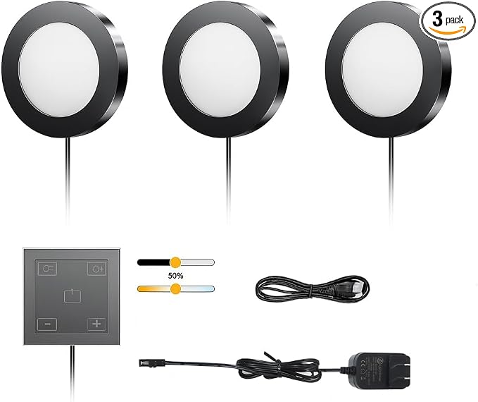VST Under Cabinet Lights CCT 3000K-6000K, Puck Lights Color Temperature and Brightness Adjustable with Touch Switch and ETL Listed Led Driver, Plug in Led Light for Kitchen Under Cabinet 3pack