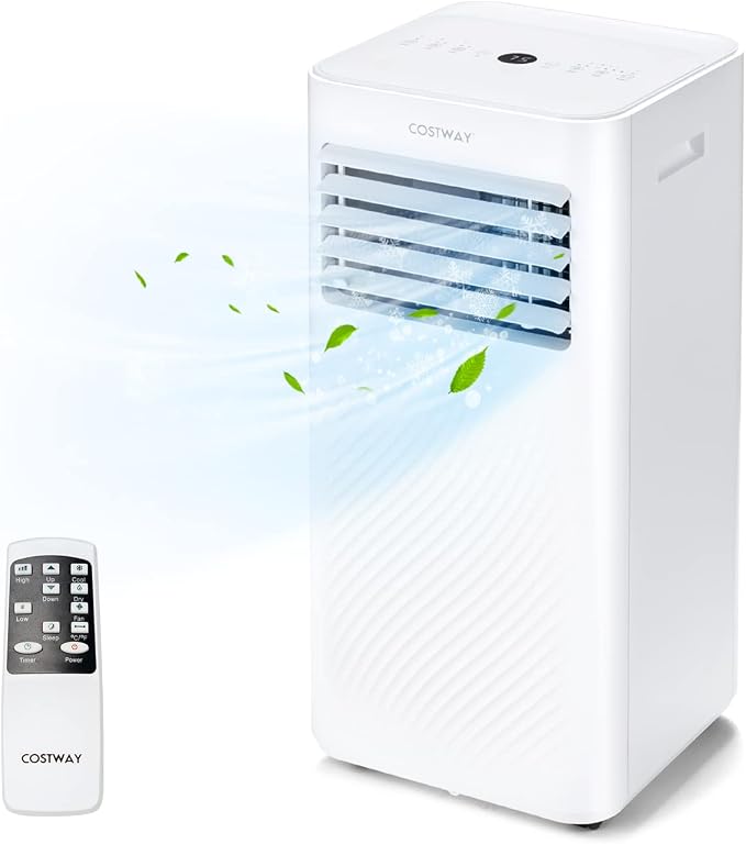 COSTWAY Portable Air Conditioner, 10000 BTU AC Unit with Cool, Fan, Dehumidifier & Sleep Mode for Rooms up to 350 Sq.Ft, with 24H Timer, Child Lock, Remote Control & Window Kit (White)