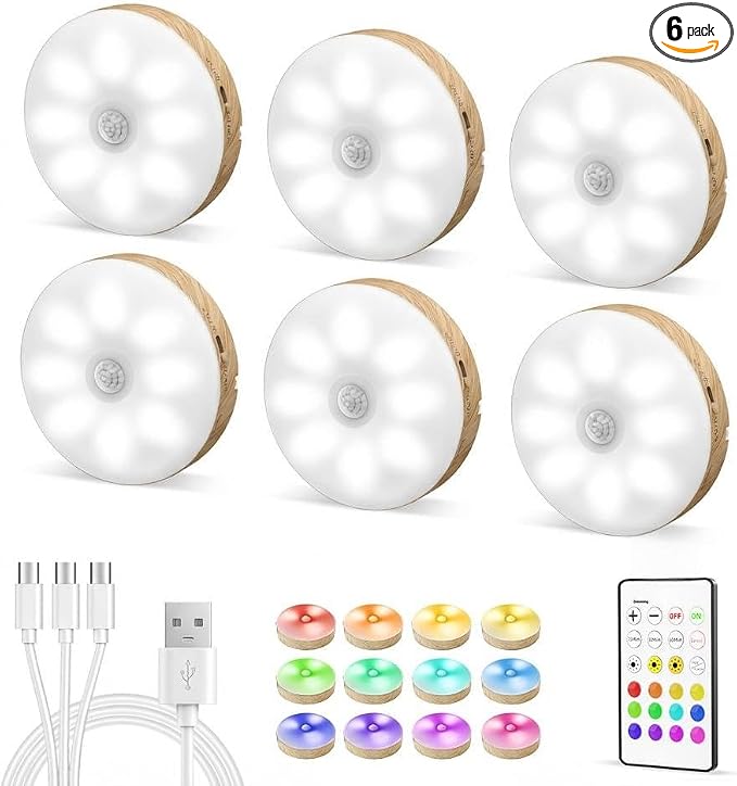 EZVALO Under Cabinet Lighting, 1000mAh Rechargeable Puck Lights with Remote, 3 Color Temps & 12 RGB Motion Sensor Closet Lights Indoor, Dimmable Under Counter Lights for Kitchen (Wood Grain, 6 Packs)