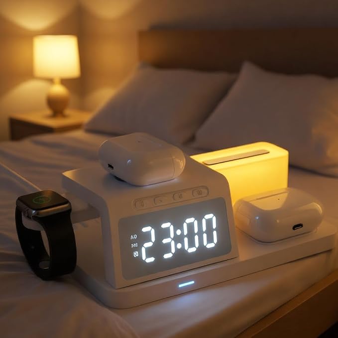 IHAO 6in1Digital Alarm Clock with Wireless Charging Station Night Light 15W Fast Charging for Qi Phone Headphone Bracket for iWatch Charger LED Display Dimmable Brightness-HT309 Black